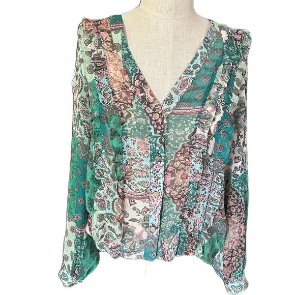 Zara Women’s Sheer Button Up blouse With Paisley Print and Ruffle Detail. Size S - Picture 1 of 8